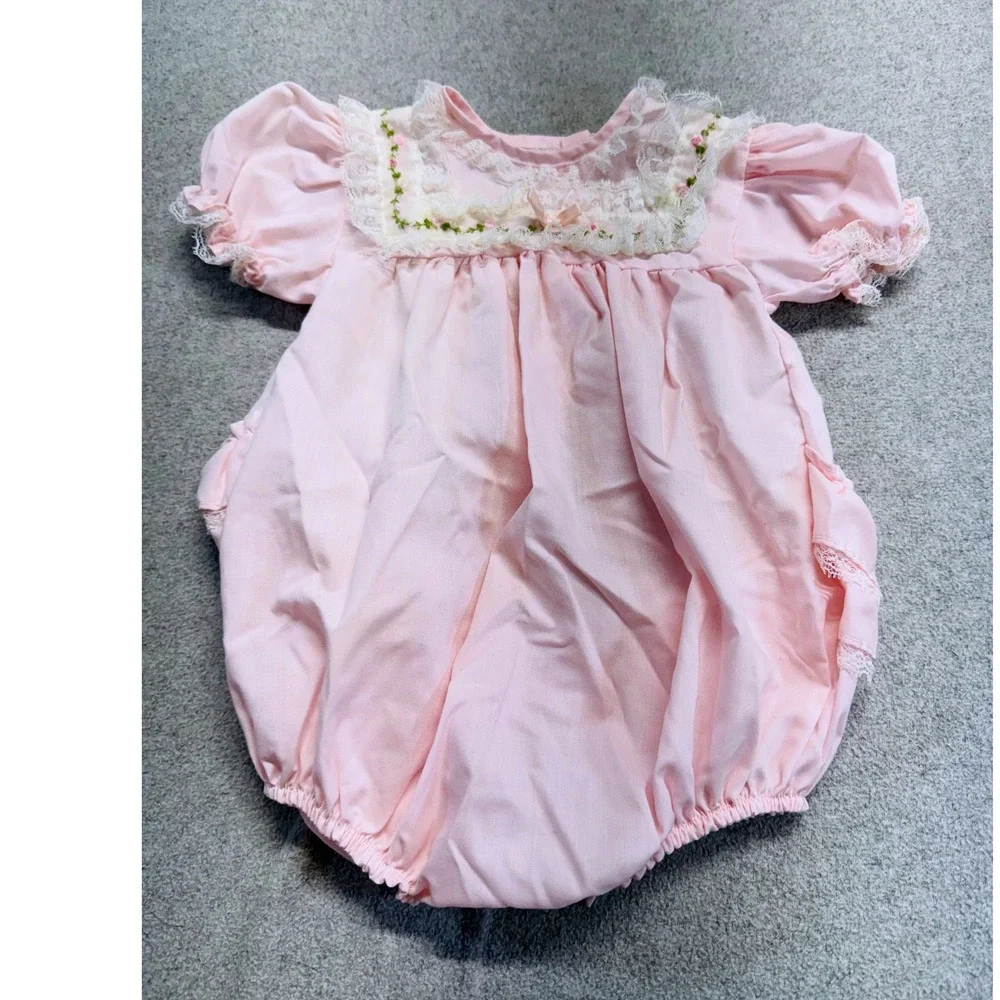 Vintage Alexis Baby Girls Pink Lace Bubble Romper 9 Months Heirloom USA
